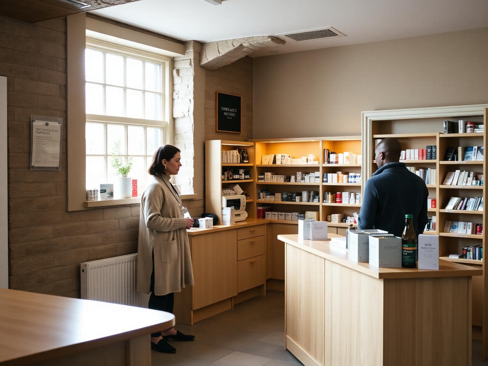 Pharmacist speaking with a customer at the Still counter